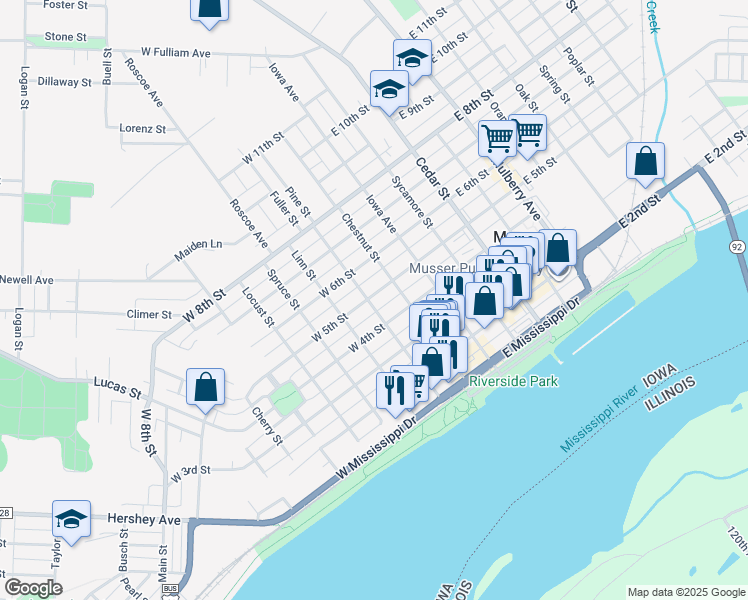 map of restaurants, bars, coffee shops, grocery stores, and more near 419 Pine Street in Muscatine