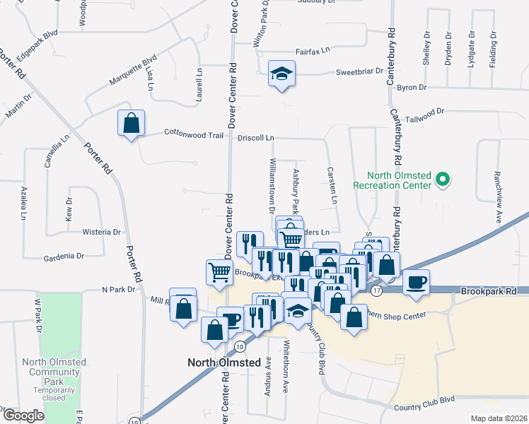 map of restaurants, bars, coffee shops, grocery stores, and more near 4620 Williamstown Drive in North Olmsted