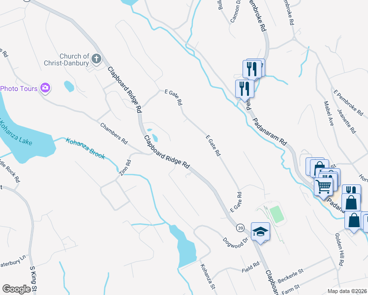 map of restaurants, bars, coffee shops, grocery stores, and more near 95 Clapboard Ridge Road in Danbury