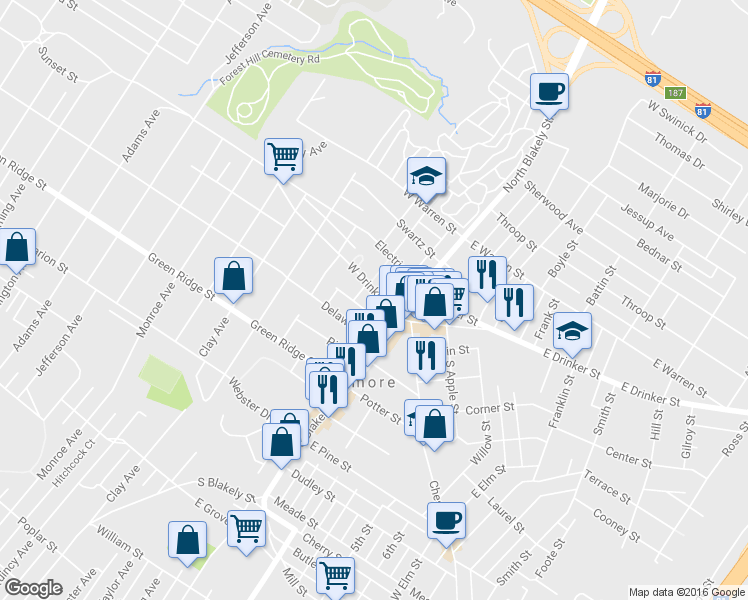 map of restaurants, bars, coffee shops, grocery stores, and more near 115 West Drinker Street in Dunmore