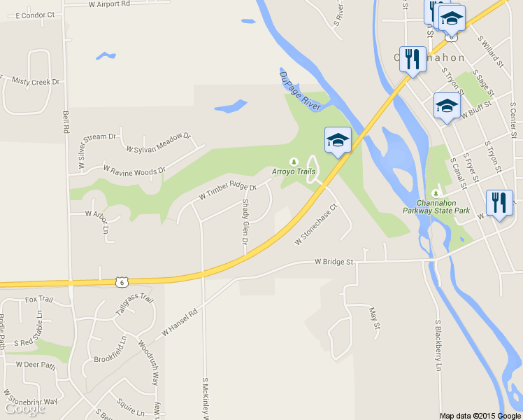 map of restaurants, bars, coffee shops, grocery stores, and more near 25332 Forest Edge Drive in Channahon