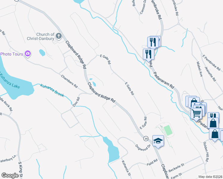 map of restaurants, bars, coffee shops, grocery stores, and more near 95 Clapboard Ridge Road in Danbury