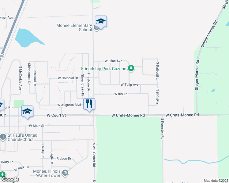 map of restaurants, bars, coffee shops, grocery stores, and more near 4724 West Iris Lane in Monee