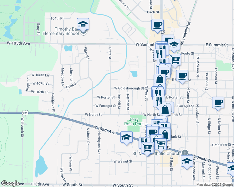 map of restaurants, bars, coffee shops, grocery stores, and more near 405 Ruschli Street in Crown Point
