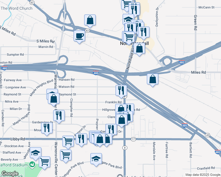 map of restaurants, bars, coffee shops, grocery stores, and more near 21408 Watson Road in Maple Heights