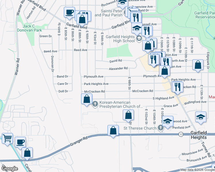 map of restaurants, bars, coffee shops, grocery stores, and more near 9406 Park Heights Avenue in Garfield Heights