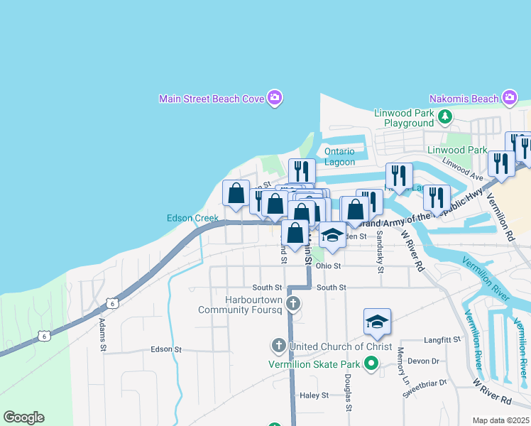 map of restaurants, bars, coffee shops, grocery stores, and more near 5680 Liberty Avenue in Vermilion