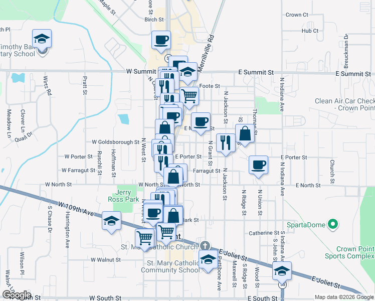 map of restaurants, bars, coffee shops, grocery stores, and more near 406 North East Street in Crown Point