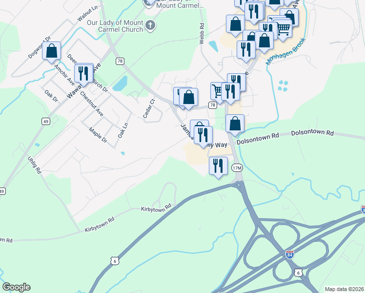 map of restaurants, bars, coffee shops, grocery stores, and more near 21 James P Kelly Way in Middletown