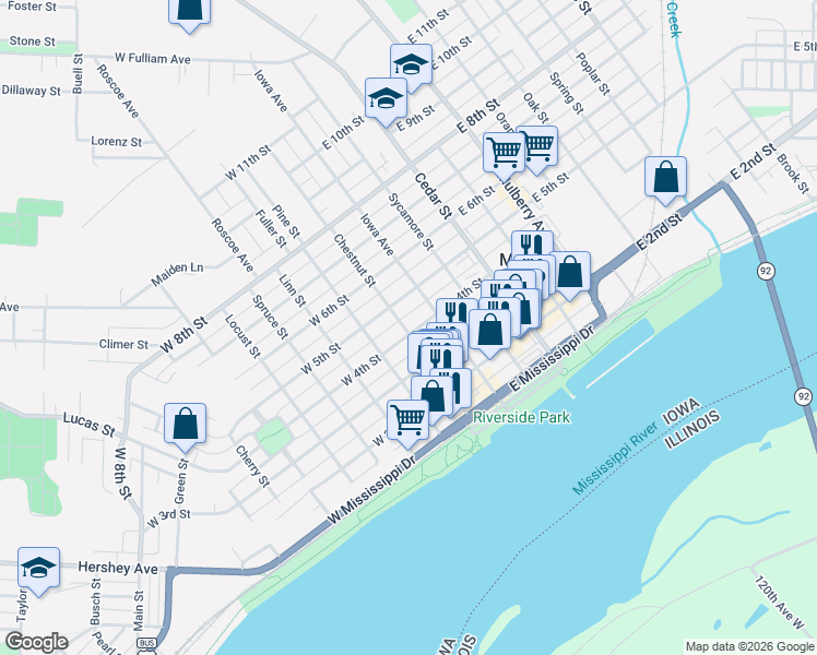 map of restaurants, bars, coffee shops, grocery stores, and more near 119 East 4th Street in Muscatine