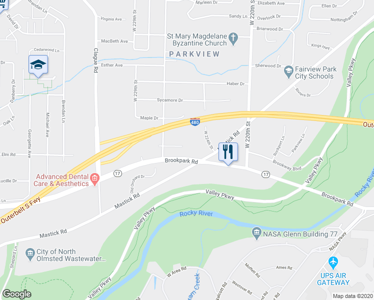 map of restaurants, bars, coffee shops, grocery stores, and more near 22539 Lenox Drive in Fairview Park