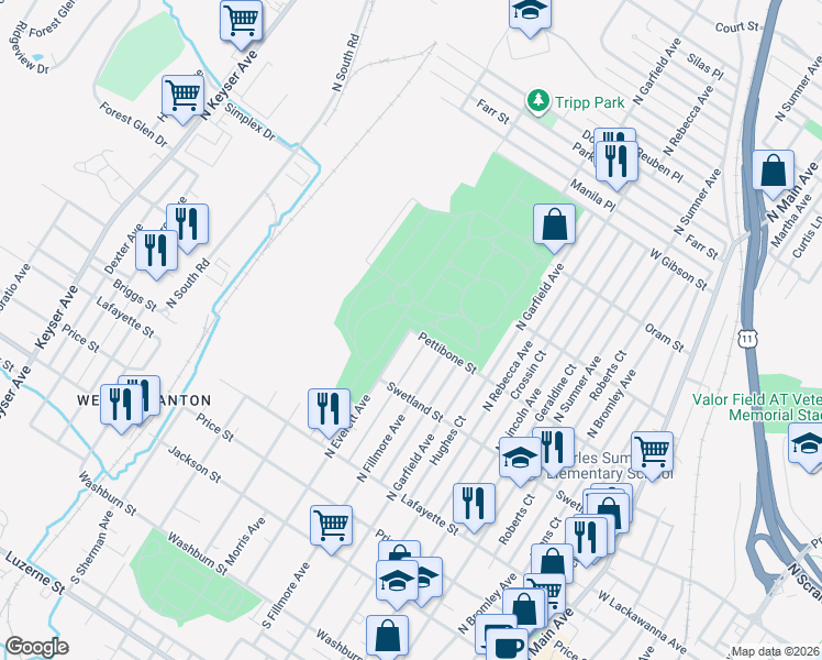 map of restaurants, bars, coffee shops, grocery stores, and more near 1898 Pettibone Street in Scranton