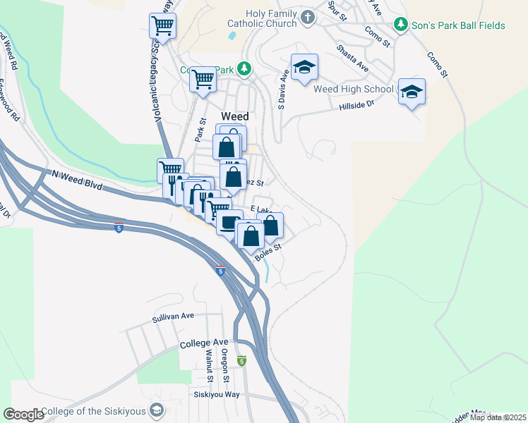 map of restaurants, bars, coffee shops, grocery stores, and more near 315 East Lake Street in Weed