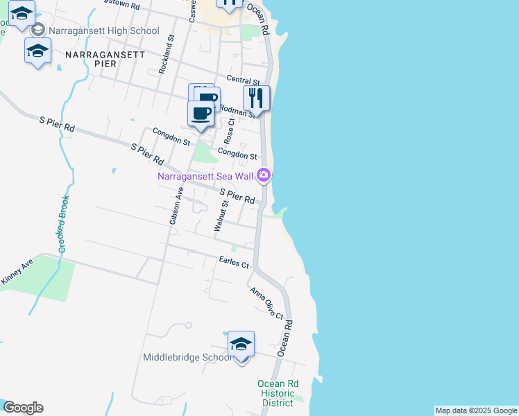 map of restaurants, bars, coffee shops, grocery stores, and more near 190 Ocean Road in Narragansett