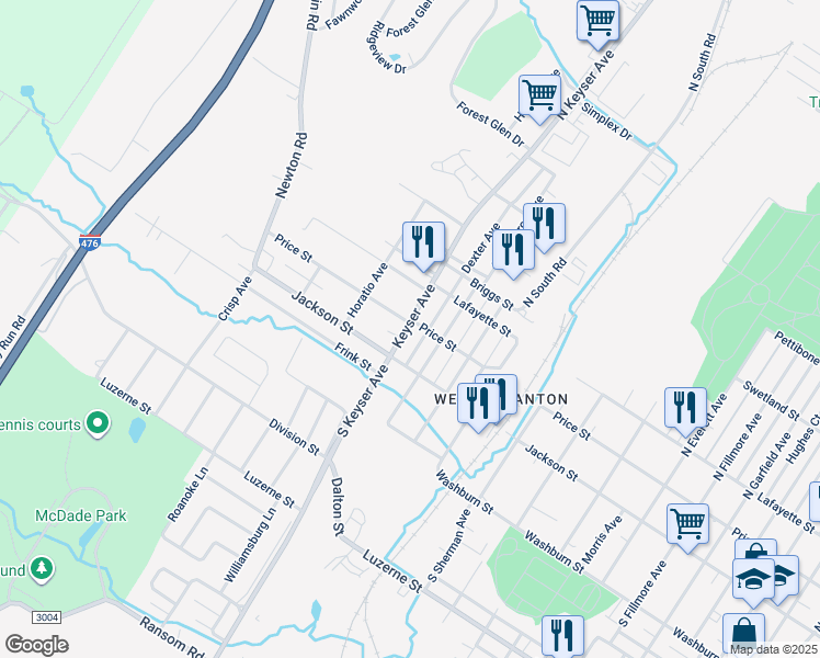 map of restaurants, bars, coffee shops, grocery stores, and more near 299 Dexter Ave in Scranton