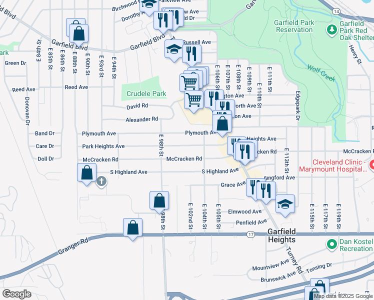 map of restaurants, bars, coffee shops, grocery stores, and more near 10208 Park Heights Avenue in Garfield Heights