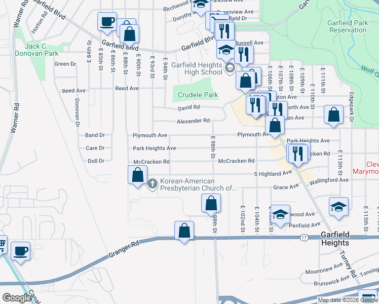 map of restaurants, bars, coffee shops, grocery stores, and more near 9612 Park Heights Avenue in Garfield Heights