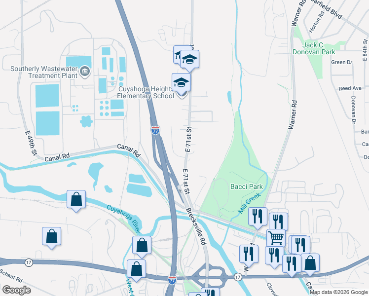 map of restaurants, bars, coffee shops, grocery stores, and more near 5006 East 71st Street in Cleveland