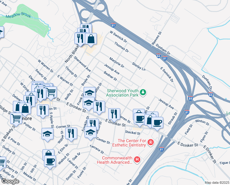 map of restaurants, bars, coffee shops, grocery stores, and more near 310 Reeves Street in Dunmore