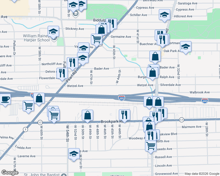 map of restaurants, bars, coffee shops, grocery stores, and more near 4601 Wetzel Avenue in Cleveland