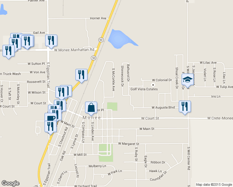map of restaurants, bars, coffee shops, grocery stores, and more near 25741 S McCorkle Ave in Monee