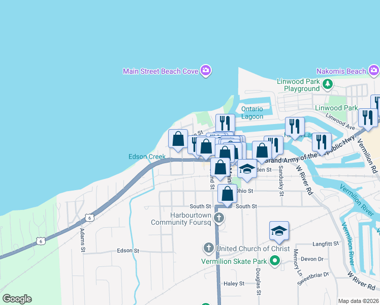 map of restaurants, bars, coffee shops, grocery stores, and more near 624 Washington St in Vermilion