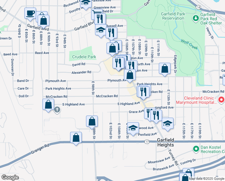 map of restaurants, bars, coffee shops, grocery stores, and more near 10208 Park Heights Ave in Garfield Heights