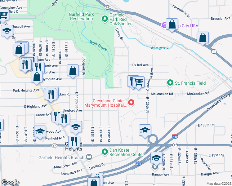 map of restaurants, bars, coffee shops, grocery stores, and more near 12005 McCracken Rd in Garfield Heights