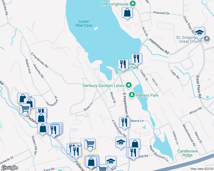 map of restaurants, bars, coffee shops, grocery stores, and more near 13 Hayestown Road in Danbury