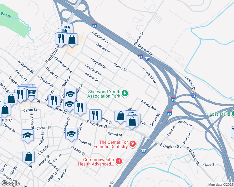 map of restaurants, bars, coffee shops, grocery stores, and more near 448 Barnard St in Dunmore