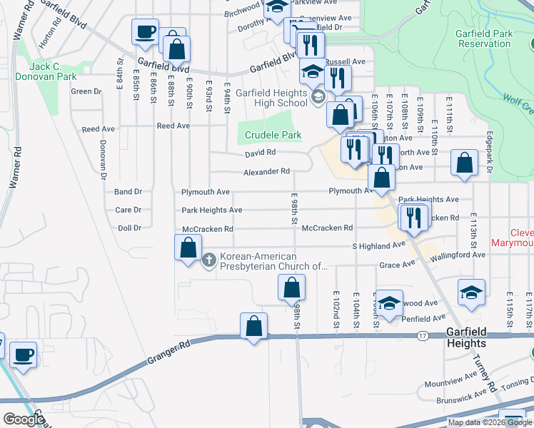 map of restaurants, bars, coffee shops, grocery stores, and more near 9612 Park Heights Avenue in Garfield Heights