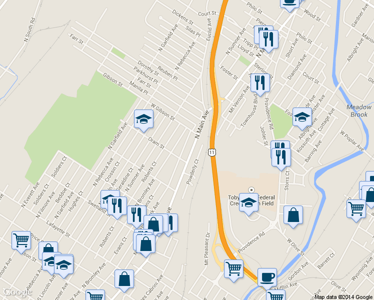map of restaurants, bars, coffee shops, grocery stores, and more near 825 North Main Avenue in Scranton