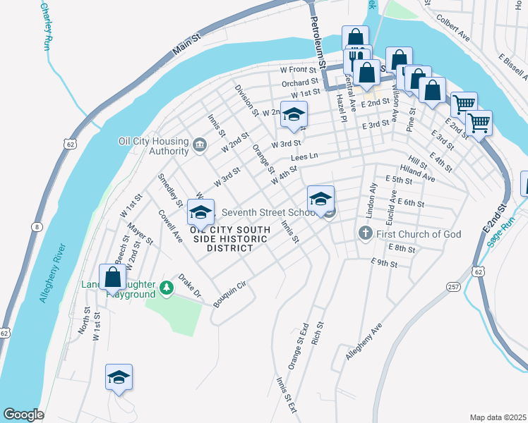 map of restaurants, bars, coffee shops, grocery stores, and more near 410 Innis Street in Oil City