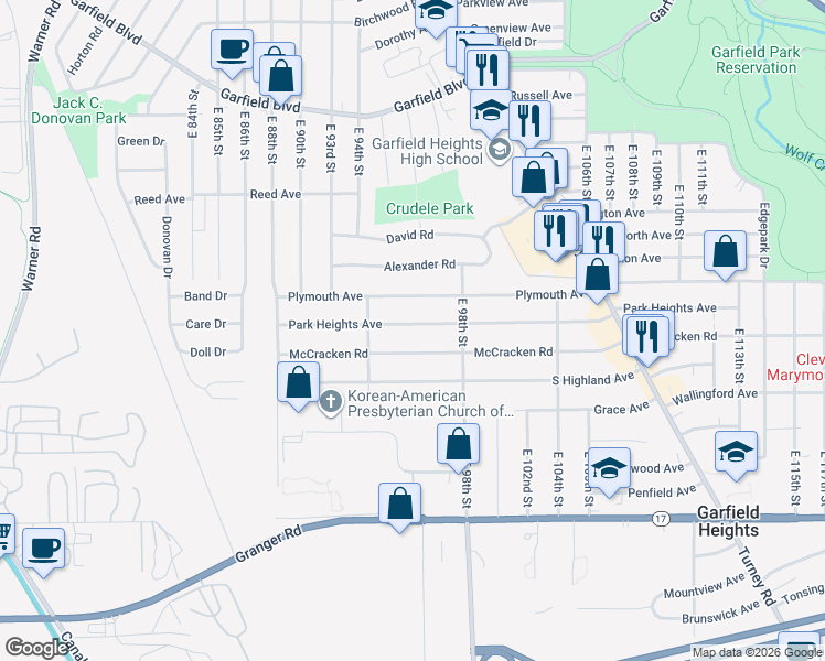 map of restaurants, bars, coffee shops, grocery stores, and more near 9612 Park Heights Avenue in Garfield Heights