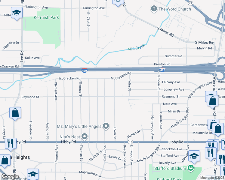 map of restaurants, bars, coffee shops, grocery stores, and more near 5062 Erwin Street in Maple Heights