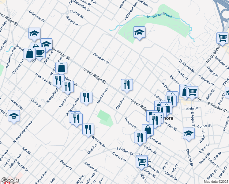 map of restaurants, bars, coffee shops, grocery stores, and more near 1537 Quincy Ave in Dunmore