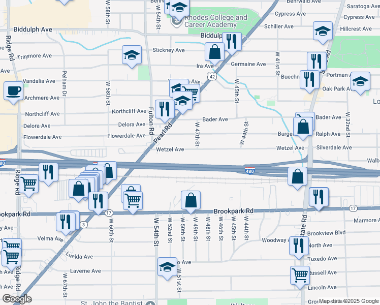 map of restaurants, bars, coffee shops, grocery stores, and more near 4905 Wetzel Avenue in Cleveland