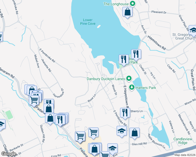 map of restaurants, bars, coffee shops, grocery stores, and more near 9 Reynolds Road in Danbury