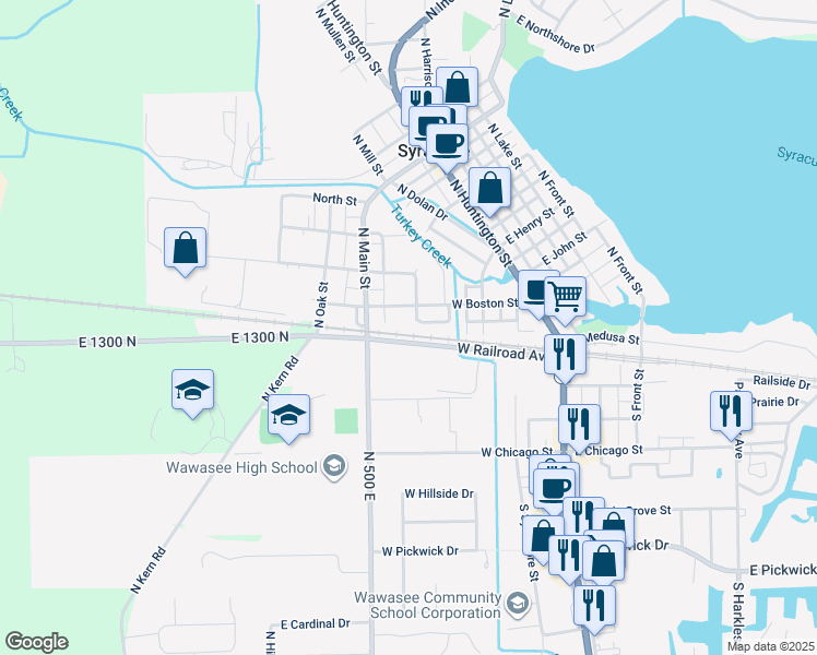 map of restaurants, bars, coffee shops, grocery stores, and more near 101 N Acorn St in Syracuse