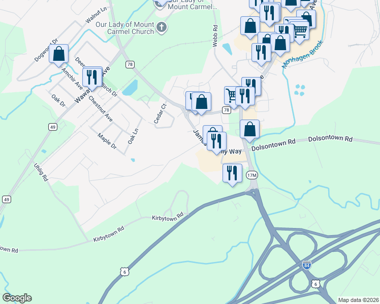 map of restaurants, bars, coffee shops, grocery stores, and more near 21 James P Kelly Way in Middletown
