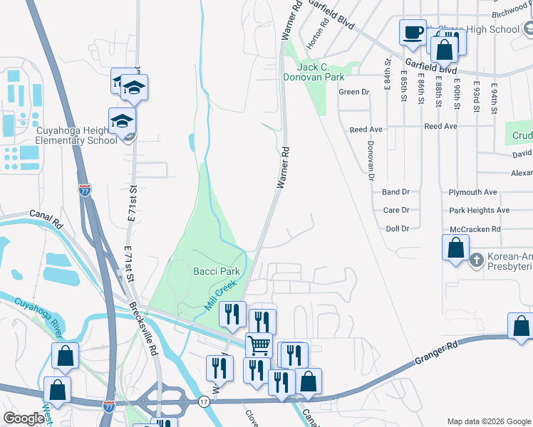 map of restaurants, bars, coffee shops, grocery stores, and more near Mill Creek Connector Trail in Garfield Heights