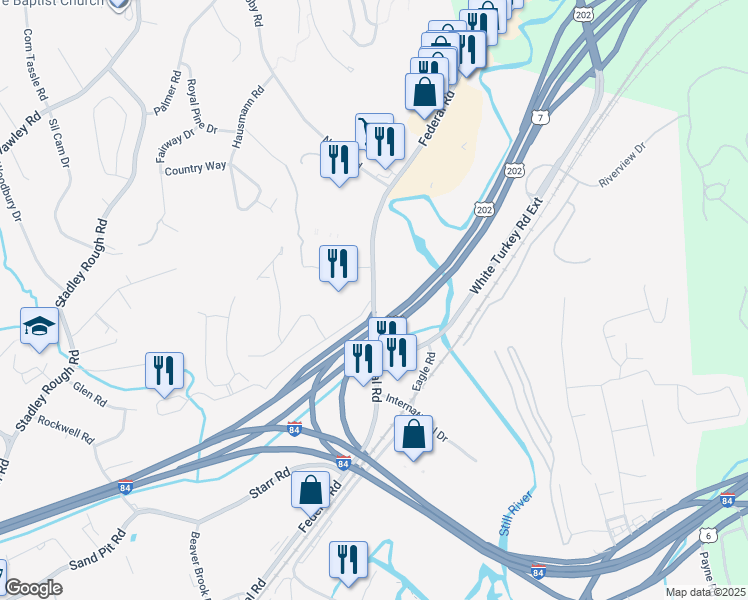 map of restaurants, bars, coffee shops, grocery stores, and more near Federal Rd & Old Brookfield Rd in Danbury