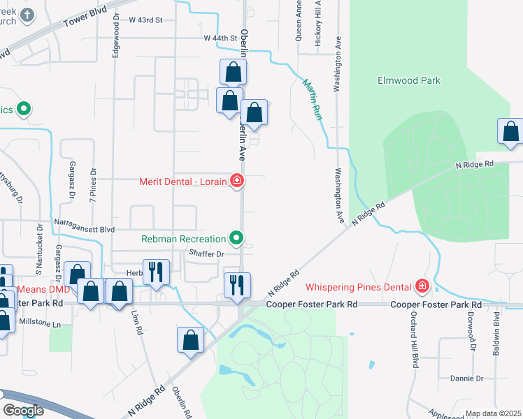 map of restaurants, bars, coffee shops, grocery stores, and more near 5065 Oberlin Ave in Lorain