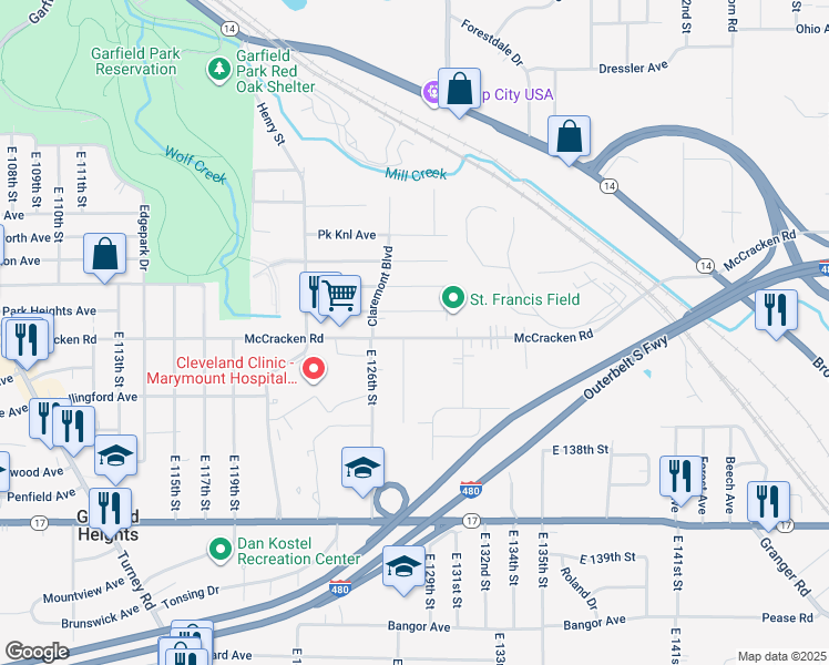 map of restaurants, bars, coffee shops, grocery stores, and more near 12809 McCracken Road in Garfield Heights