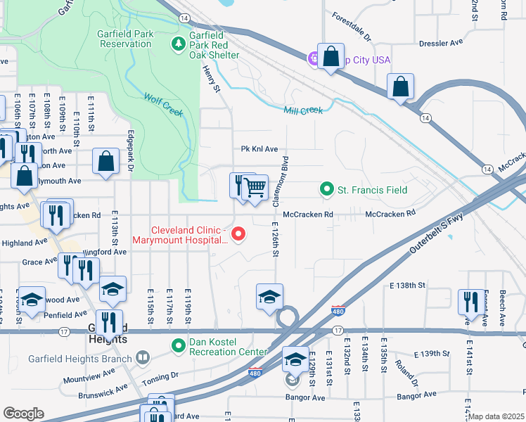 map of restaurants, bars, coffee shops, grocery stores, and more near 12413 McCracken Road in Garfield Heights