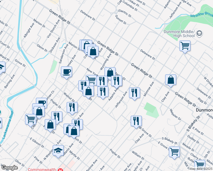 map of restaurants, bars, coffee shops, grocery stores, and more near 1325-1399 N Washington Ave in Scranton