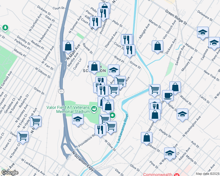 map of restaurants, bars, coffee shops, grocery stores, and more near 909 Albright Avenue in Scranton