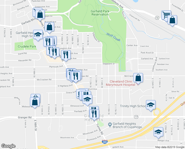 map of restaurants, bars, coffee shops, grocery stores, and more near 11215 McCracken Road in Garfield Heights