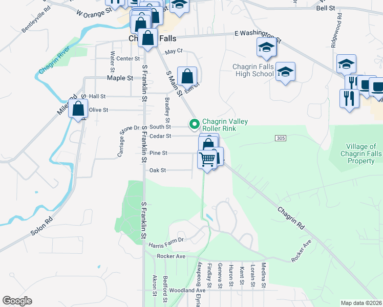 map of restaurants, bars, coffee shops, grocery stores, and more near 7120 Oak Street in Chagrin Falls