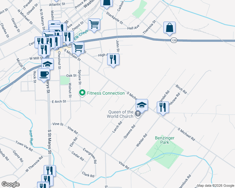 map of restaurants, bars, coffee shops, grocery stores, and more near 119-123 Beech Road in Saint Marys